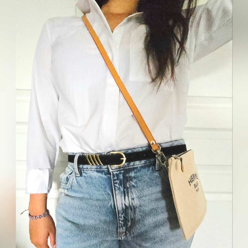 Hermes Beige Canvas 'Hermes Bain' Crossbody with Orange Strap - Picture 6 of 16